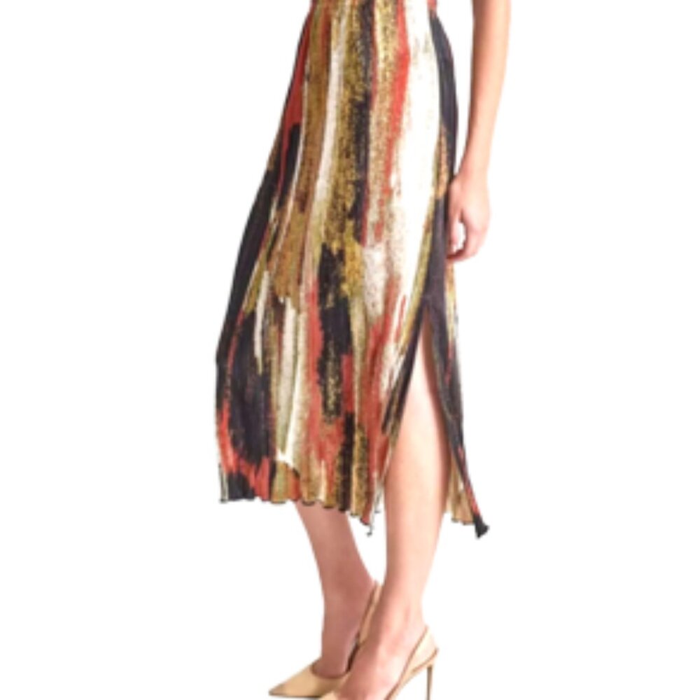 DKNY Metallic Gold, Black & Rust Striped Maxi Skirt